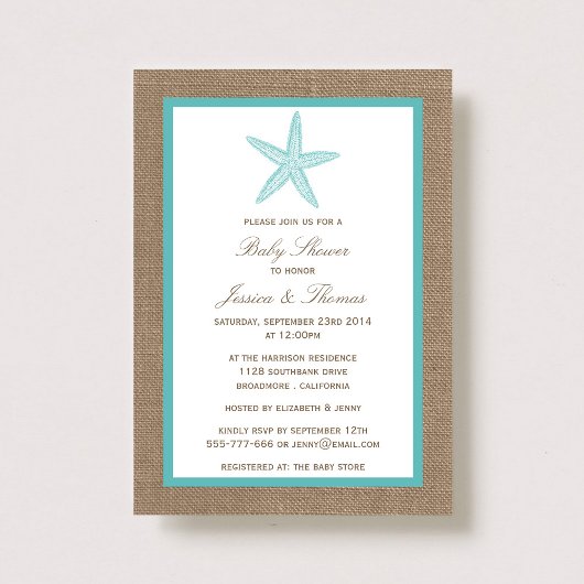 Invitation Starfish Turquoise Baby shower de plage Burlap