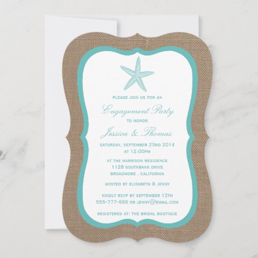 Invitation Starfish Turquoise Burlap Beach (Devant)