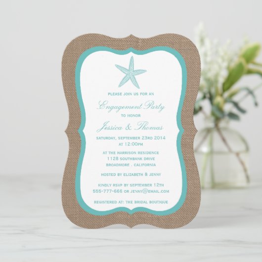 Invitation Starfish Turquoise Burlap Beach (Debout devant)