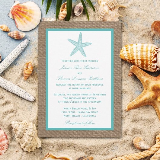 Invitation Starfish Turquoise Burlap Beach Wedding Collection