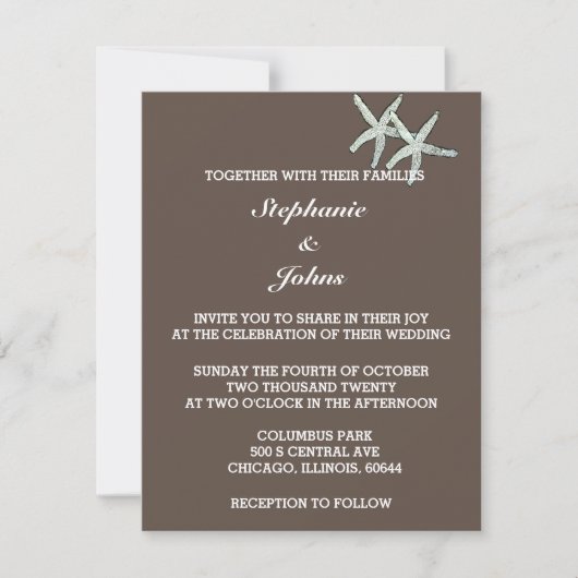 Invitation Starfish White Dark Chocolat Brown Mariage (Devant)