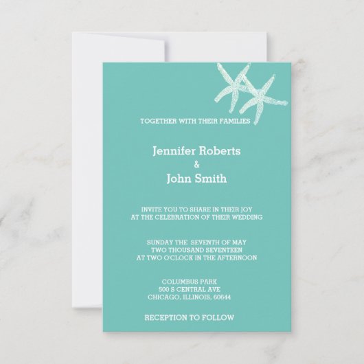 Invitation Starfish White Teal Blue Couleur personnalisée Mar (Devant)