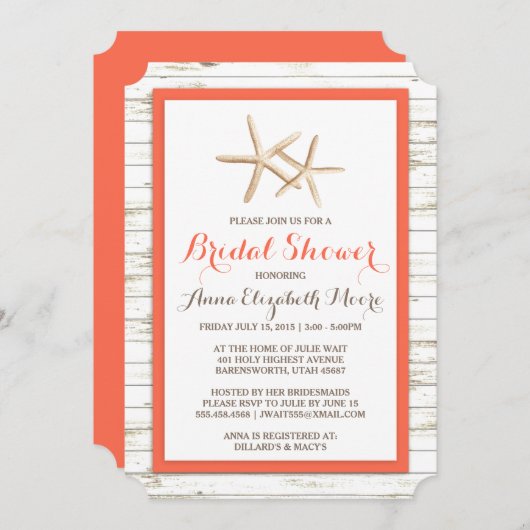 Invitation Starfish Whitewashed Wood Beach Fête des mariées (Devant / Derrière)