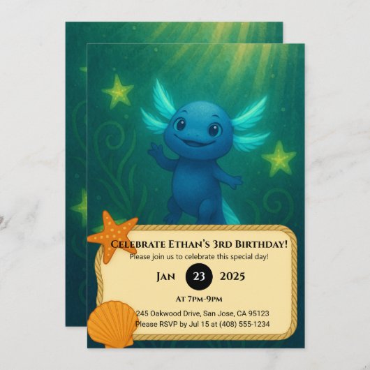 Invitation Starry Blue Axolotl Birthday  (Devant / Derrière)