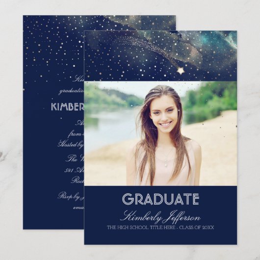 Invitation Starry Night and Shooting Star Photo Graduation (Devant / Derrière)