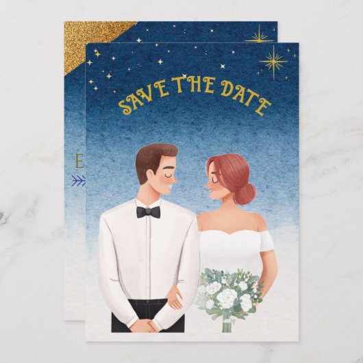 Invitation Starry Night Elegance  Romantic Save the Date (Devant / Derrière)