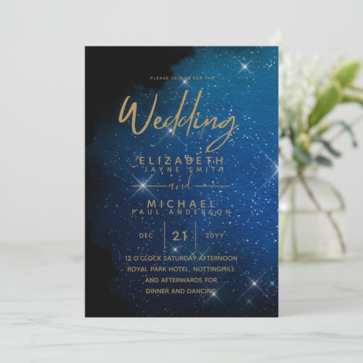 Invitation Starry Night Mariage Marine Gold Galaxy Celestiy (Debout devant)