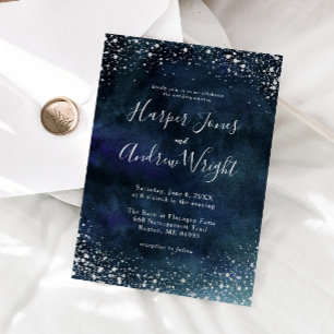 Invitation Starry Night Marine Bleu Parties scintillant en ar