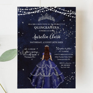Invitation Starry Night Navy Blue Gown Silver Quinceañera