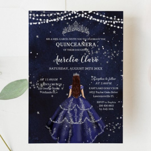 Invitation Starry Night Navy Blue Gown Silver Quinceañera