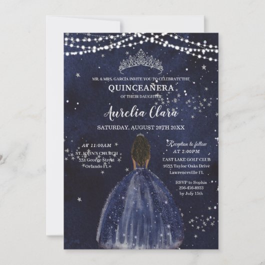 Invitation Starry Night Navy Blue Quinceañera Brown Princess (Devant)