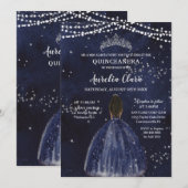 Invitation Starry Night Navy Blue Quinceañera Brown Princess (Devant / Derrière)