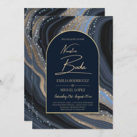 Invitation Starry Night Navy Gold Agate NUESTRA BODA Invitati (Devant / Derrière)
