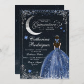 Invitation Starry Night Silver et Dark Blue Quinceanera (Devant / Derrière)