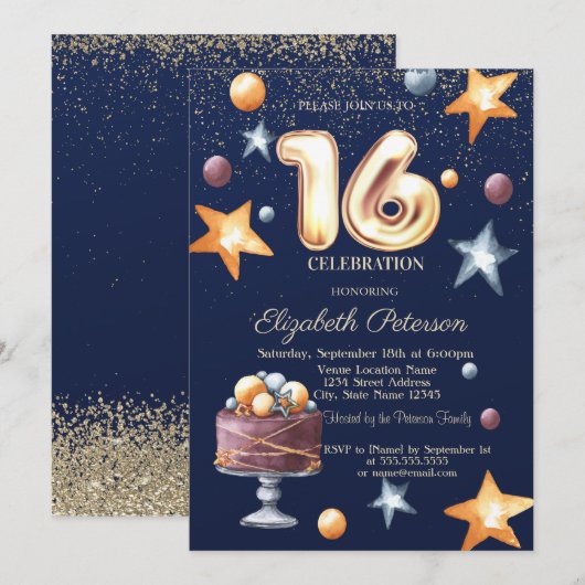 Invitation Stars Cake Confetti Diamond Sweet 16 (Devant / Derrière)