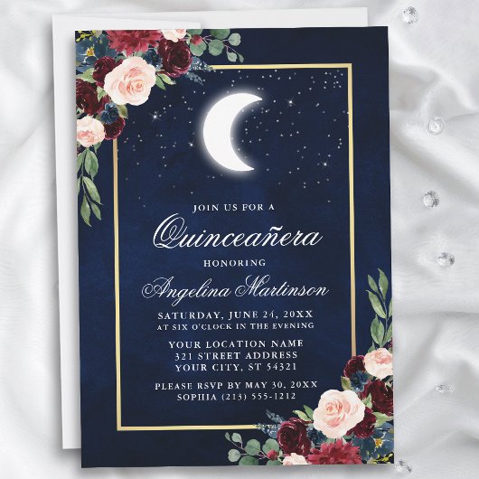 Invitation Stars de lune céleste Quinceanera or floral