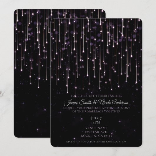 Invitation Stars De Tir Sparkly Purple Chic Mariage Moderne (Devant / Derrière)