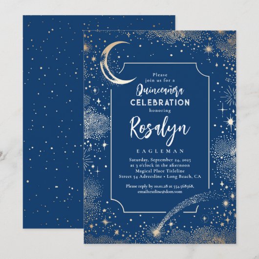 Invitation Stars d'or céleste et Quinceanera nocturne de la l (Devant / Derrière)