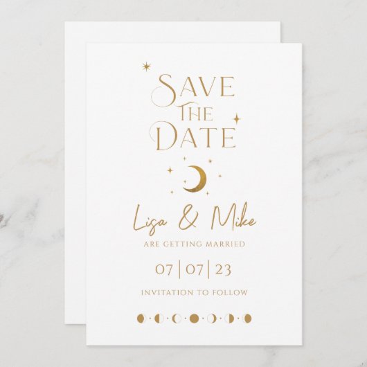 Invitation Stars & Lune Minimal Celestial Enregistrer la date (Devant / Derrière)