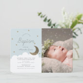 Invitation Stars & Moon Baby Blue Boy Photo Baptême (Debout devant)