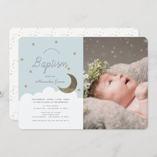 Invitation Stars & Moon Baby Blue Boy Photo Baptême