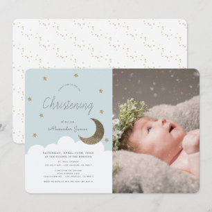 Invitation Stars & Moon Baby Blue Boy Photo Christening