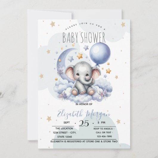 Invitation Stars Moon Nuages Teddy Bear Baby shower (Devant)