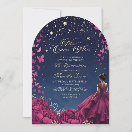 Invitation Stars Papillons Bourgogne Quinceanera (Devant)