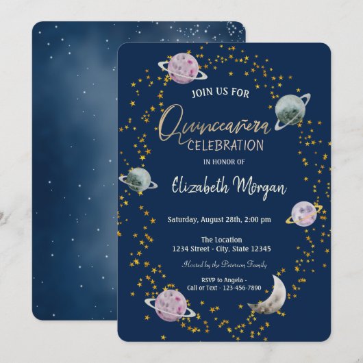 Invitation Stars Planètes Galaxy Blue Quinceañera (Devant / Derrière)