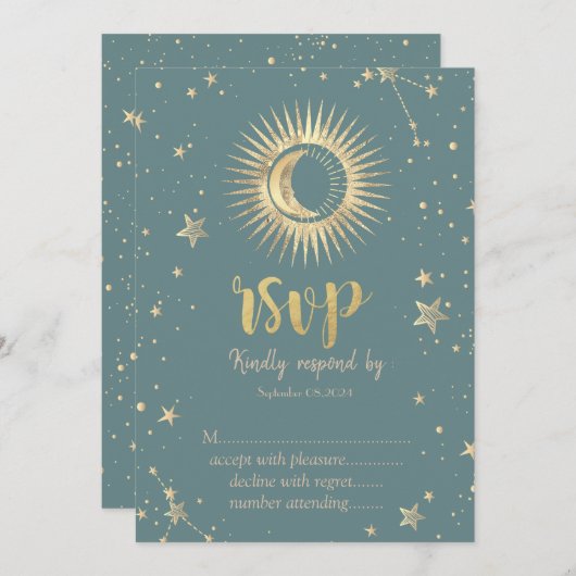 Invitation Stars Solaire Or Celestin Étoiles Mint Green RSVP (Devant / Derrière)