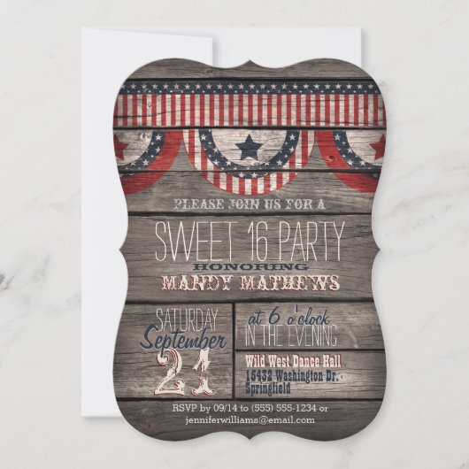 Invitation Stars & Stripes Rustic Wood Sweet 16 Party (Devant)