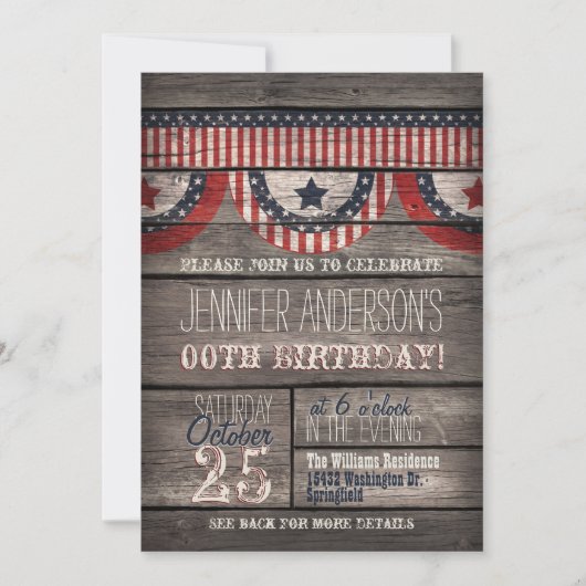 Invitation Stars & Stripes, Rustique Adulte Ado Anniversaire (Devant)