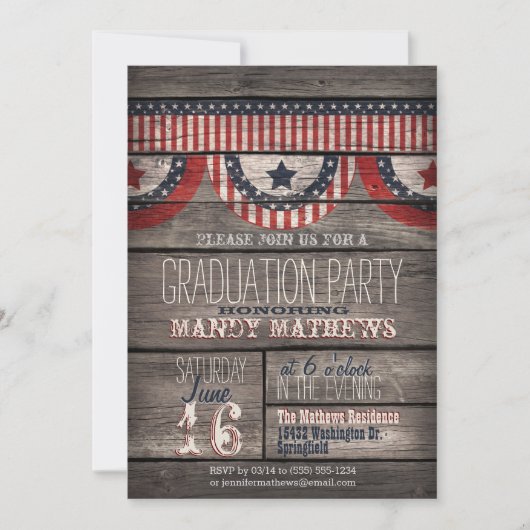 Invitation Stars & Stripes sur Rustic Wood Graduation Party (Devant)