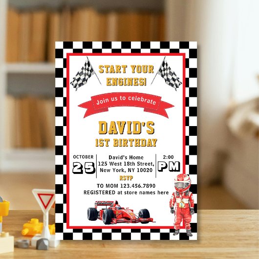 Invitation Start Your Engines Race Car 1st Birthday Party