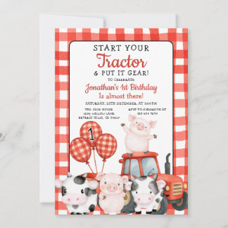 Invitation Start Your Tractor 1st Birthday Red farm animal