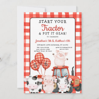 Invitation Start Your Tractor Joint Birthday Red farm animal