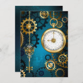 Invitation Steampunk Arrière - plan turquoise avec Gears (Devant / Derrière)
