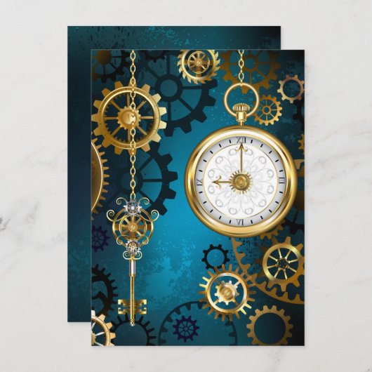 Invitation Steampunk Arrière - plan turquoise avec Gears (Devant / Derrière)