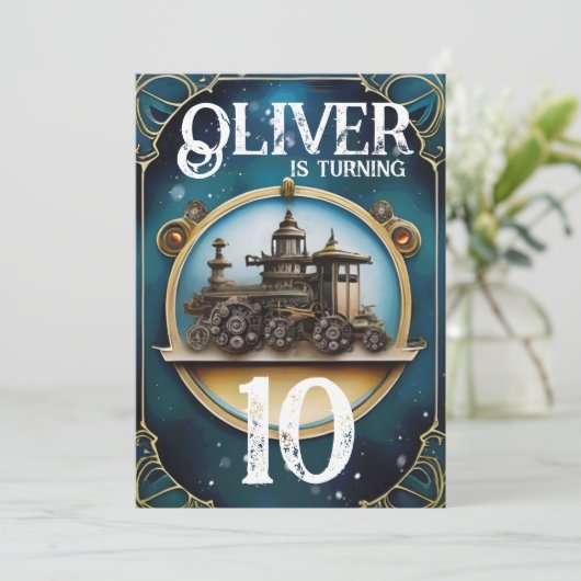Invitation Steampunk Blue Copper fête d'anniversaire (Debout devant)