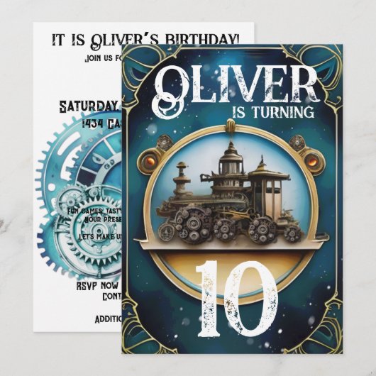 Invitation Steampunk Blue Copper fête d'anniversaire (Devant / Derrière)
