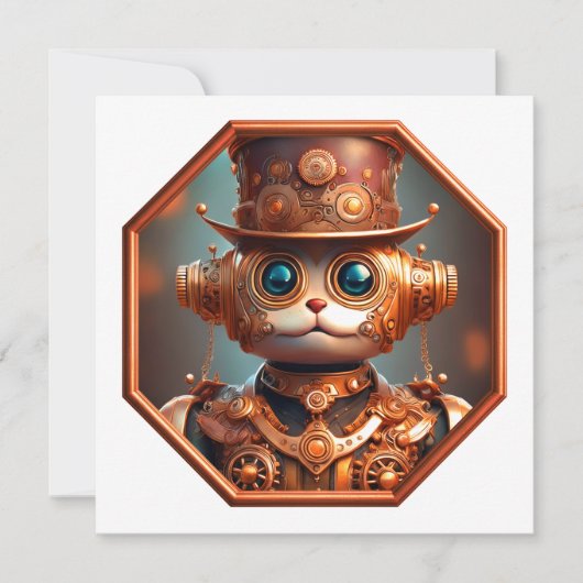 Invitation Steampunk Cat Soldier In 8 Sided Bronze Frame (Devant)