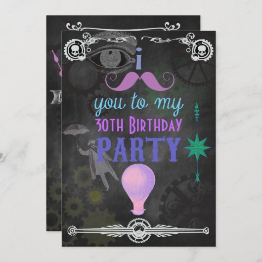 Invitation Steampunk Chalkboard fête d'anniversaire (Devant / Derrière)