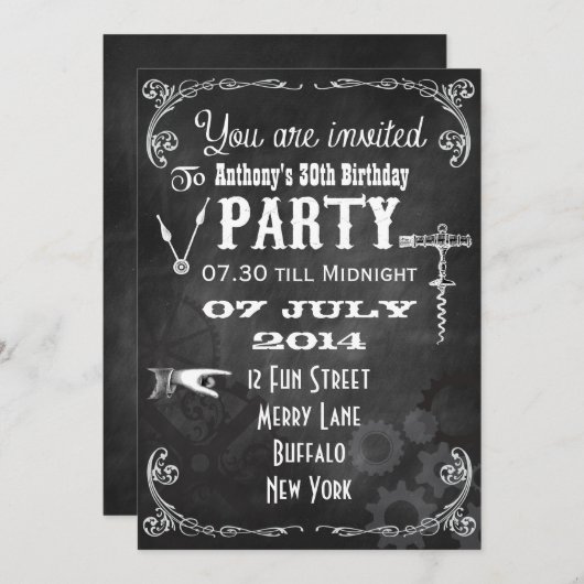Invitation Steampunk Chalkboard fête d'anniversaire (Devant / Derrière)