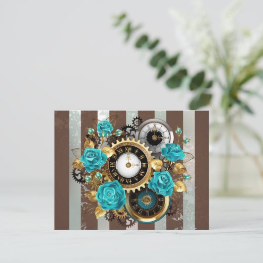 Invitation Steampunk Clock and Turquoise Roses on Striped (Debout devant)