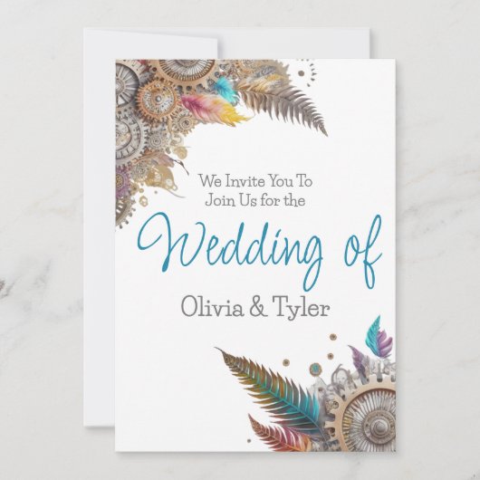 Invitation Steampunk, Fleurs blanches et Mariage de plumes (Devant)