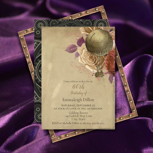 Invitation Steampunk Golden Hot Air Balloon Floral Anniversai