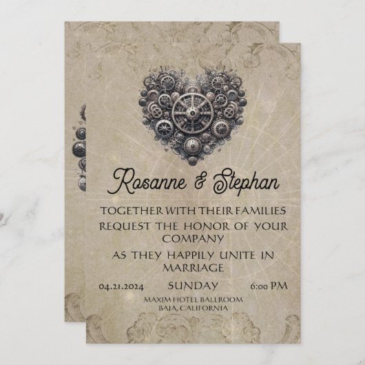 Invitation Steampunk Retro Heart of Gears Mariage (Devant / Derrière)