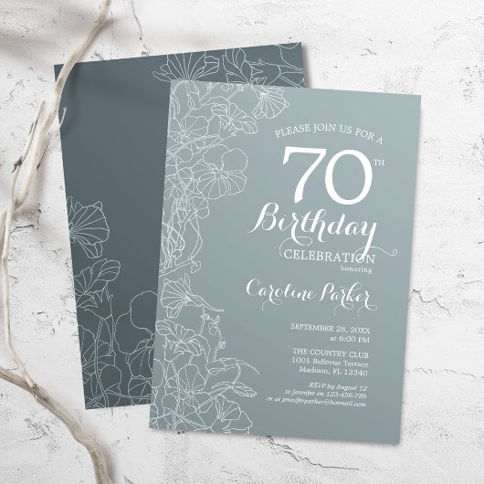 Invitation Steel Blue Floral 70e fête d'anniversaire