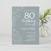 Invitation Steel Blue Floral 80e fête d'anniversaire (Debout devant)