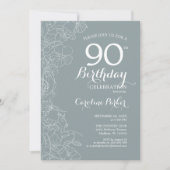 Invitation Steel Blue Floral 90e fête d'anniversaire (Devant)